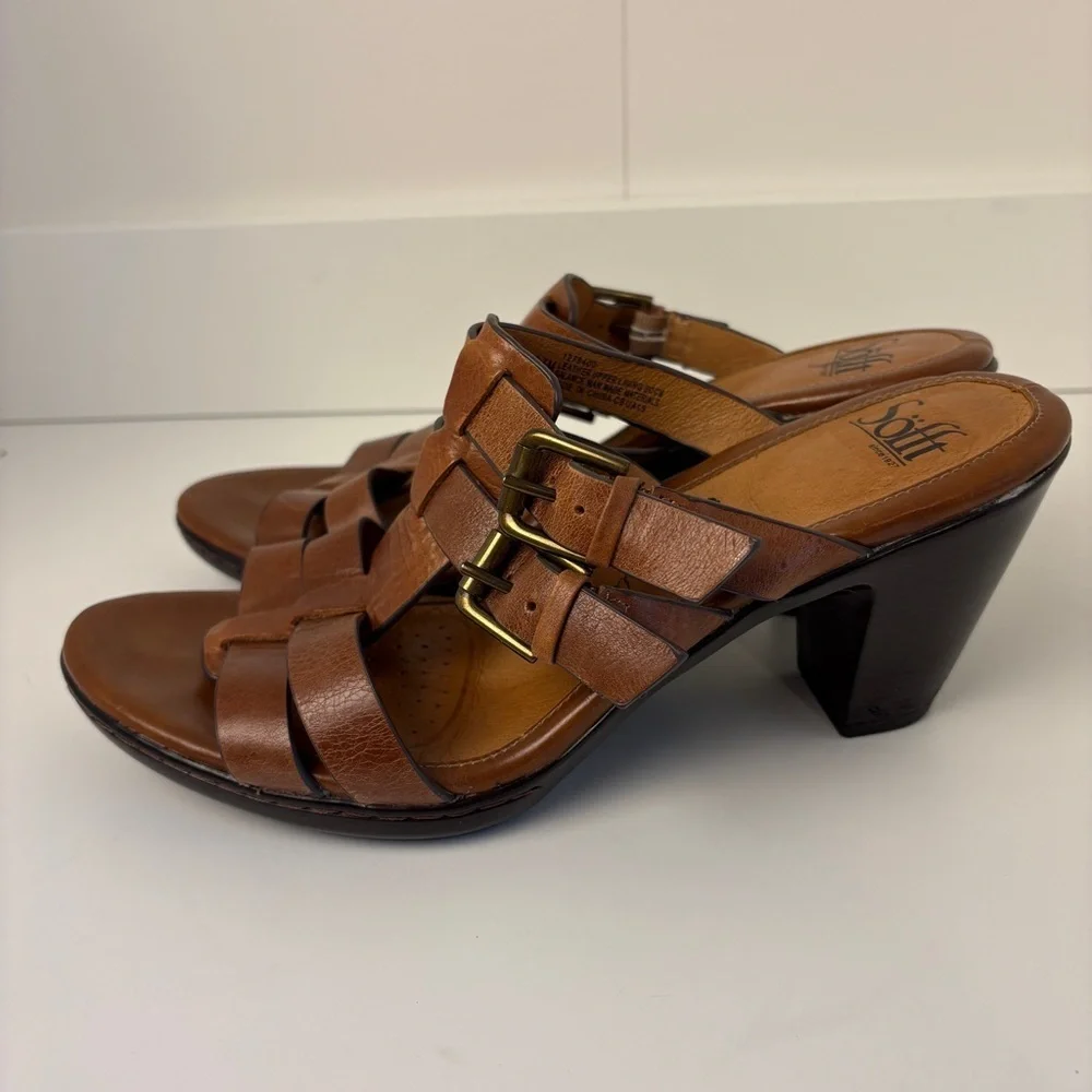 Sofft Brown Leather Strappy Buckle Block Heel Sandals - Picture 5 of 8